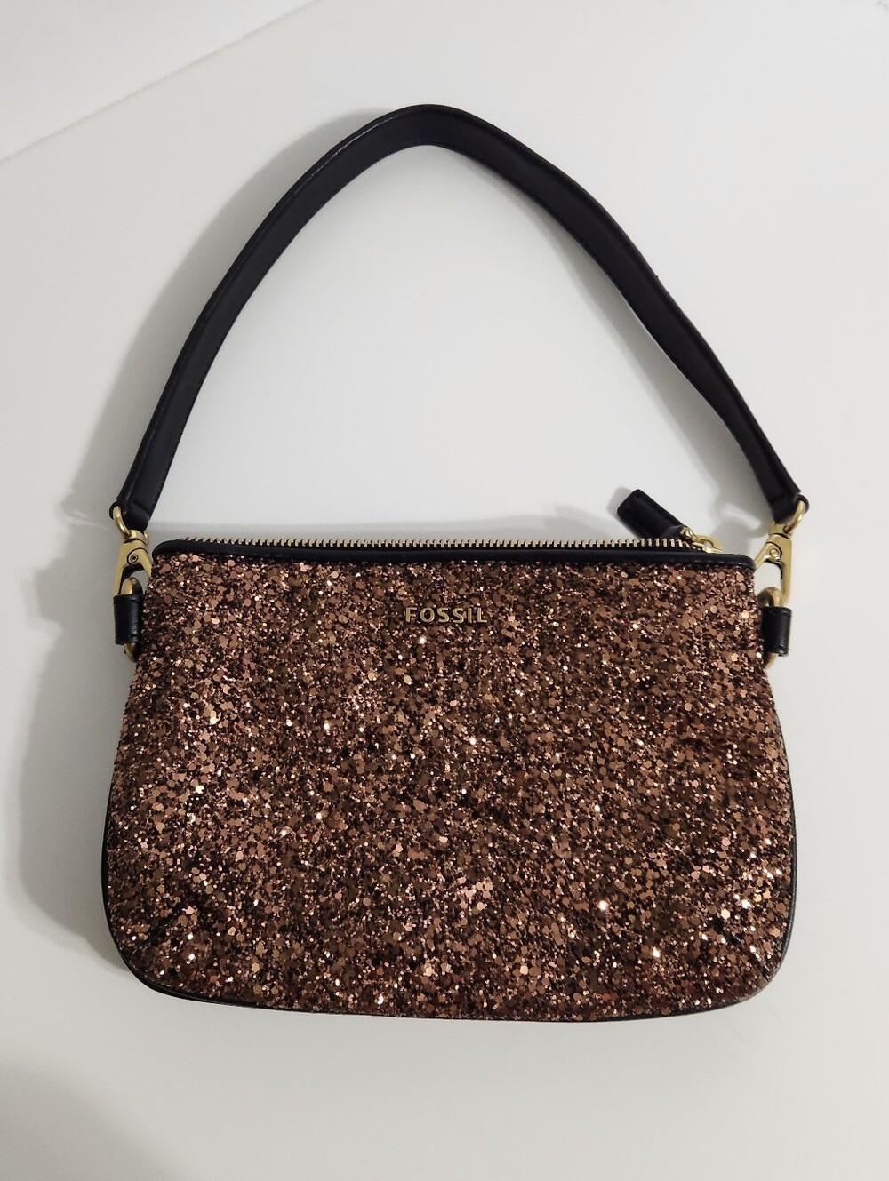 Fossil Brown Copper Glitter Wristlet Shoulder Bag